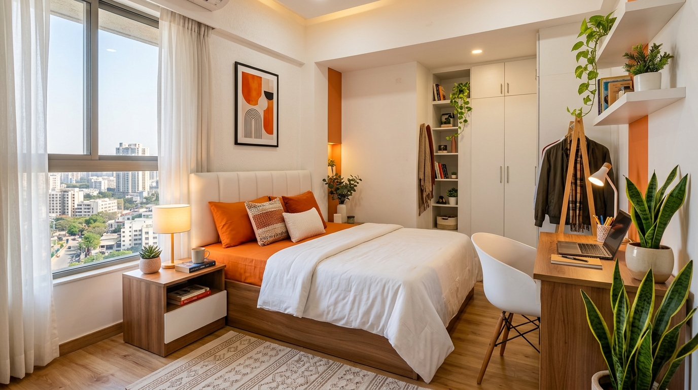 Fully furnished verified PG room with bed, AC, and study table - AapkaStay